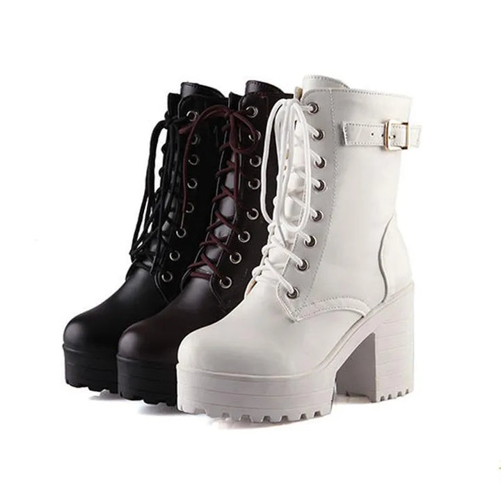 Damen Plateau Stiefel, schwarz und weiß, Schnürung, Blockabsatz, modisch, robust.