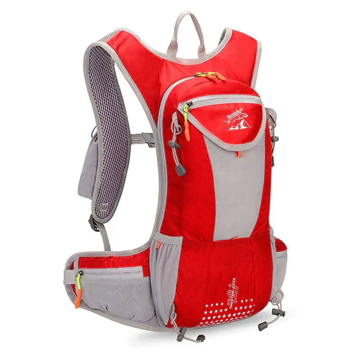 Roter Wanderrucksack, leicht, atmungsaktiv, mit mehreren Taschen, ideal für Outdoor-Aktivitäten.