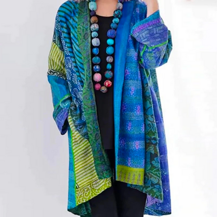 Podzimní boho pletený cardigan s barevným podzimním vzorem – Maravilla