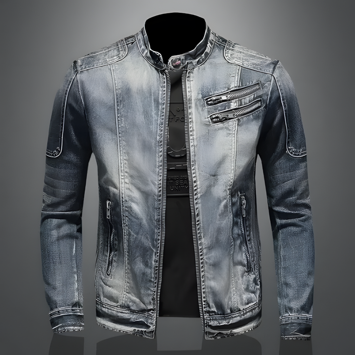 Graue Jeansjacke für Herren, Reißverschlüsse, modisch, lässig, Streetwear, Vintage-Look.