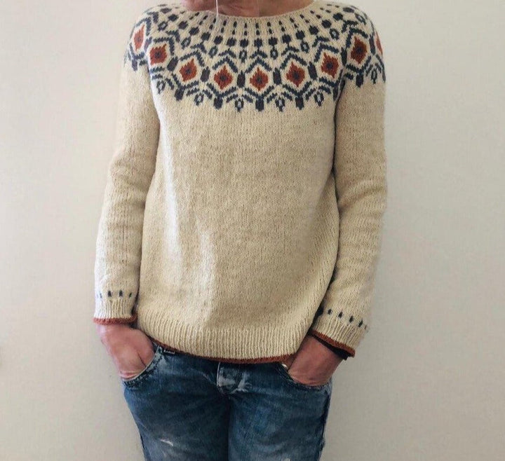 Damenpullover aus Wolle, beige mit nordischem Muster, lässig, warm, modisch, Herbstmode.