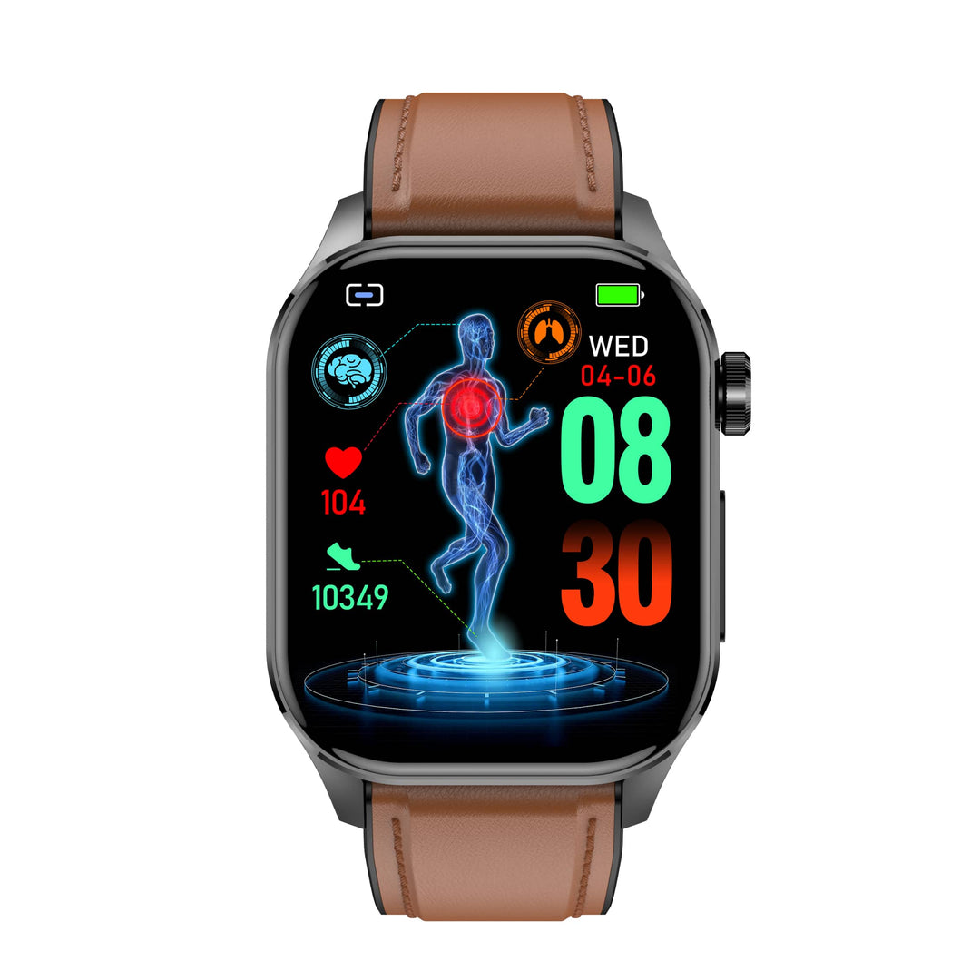 Smartwatch mit braunem Lederarmband, Fitness-Tracker, Herzfrequenzanzeige, Schrittzähler.