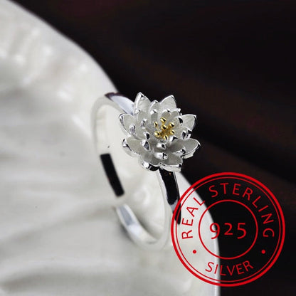Silberner Lotusblumenring, 925 Sterling Silber, elegantes Design, Damenring, Schmuckaccessoire.