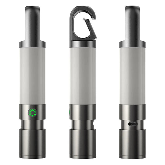 Tragbare LED-Campinglampe, wiederaufladbar, USB-Anschluss, Haken, grau, kompakt, outdoor.