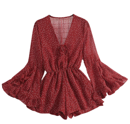 Roter Damen-Jumpsuit mit weißen Punkten, V-Ausschnitt, lange Ärmel, Sommermode.