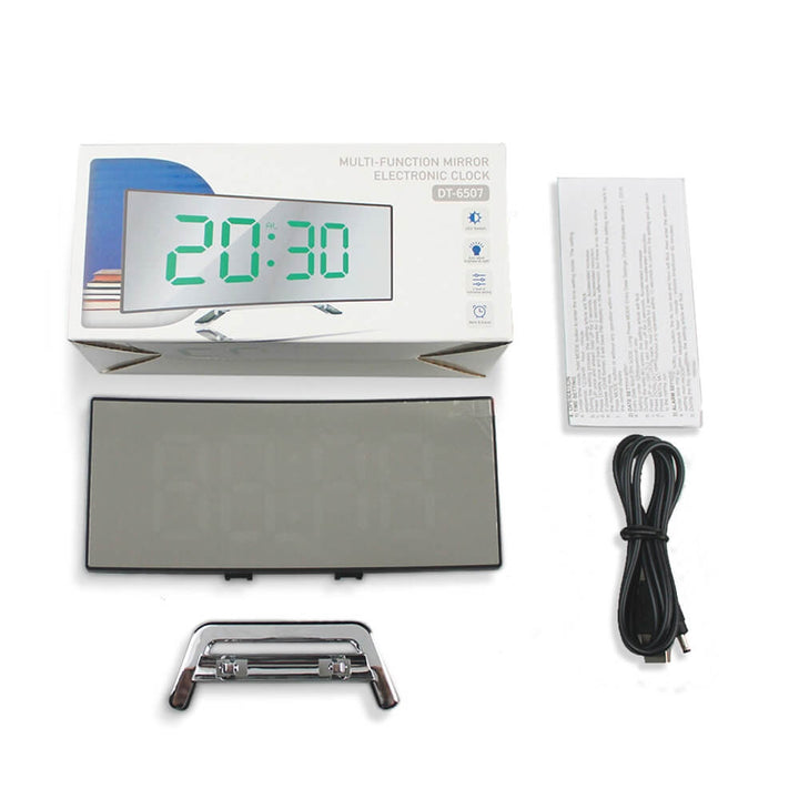 Digitaler Spiegelwecker, rechteckig, LED-Anzeige, schwarz, USB-Kabel, moderne Tischuhr.