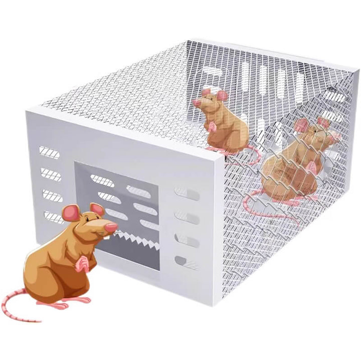 Weiße Mausefalle aus Metall mit drei gezeichneten Mäusen, robust und effektiv für Schädlingsbekämpfung.