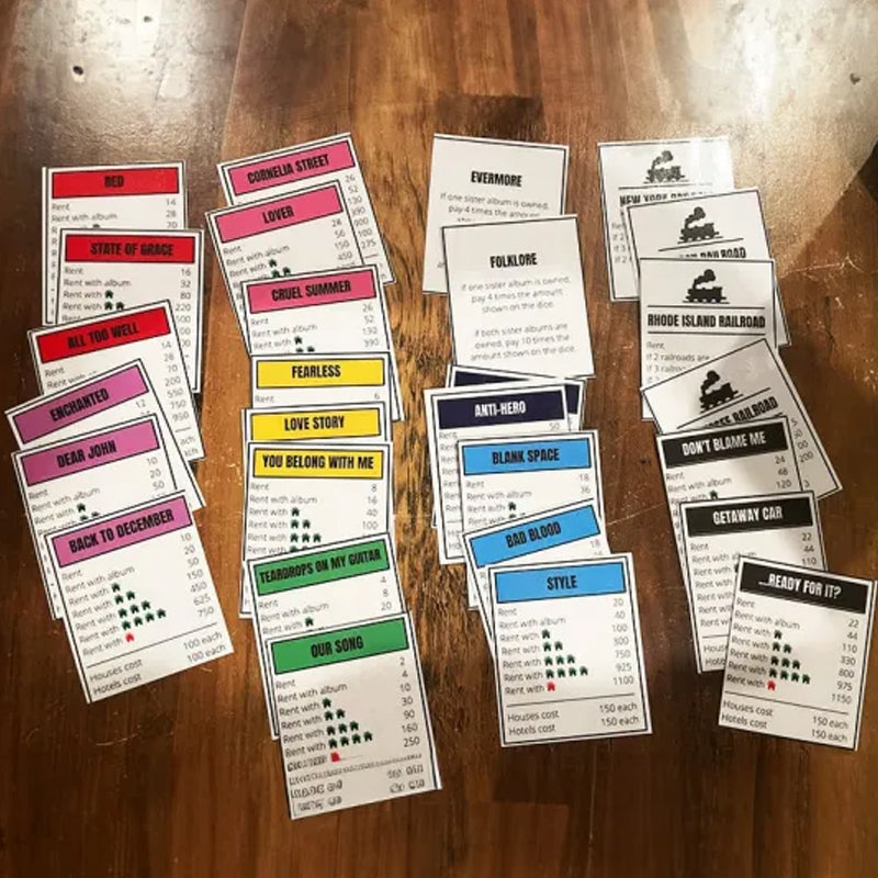 Hudba založená na deskové hře s písňovými kartami a Monopoly penězi pro herní večery.
