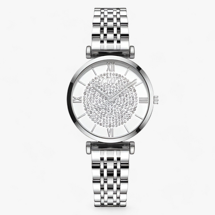 Silberne Damenarmbanduhr mit Strasssteinen, römischen Ziffern, Edelstahlarmband.