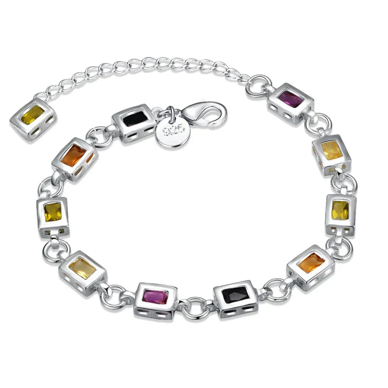 Silberarmband mit bunten Edelsteinen, rechteckige Fassungen, verstellbare Kette, Damen-Schmuck.