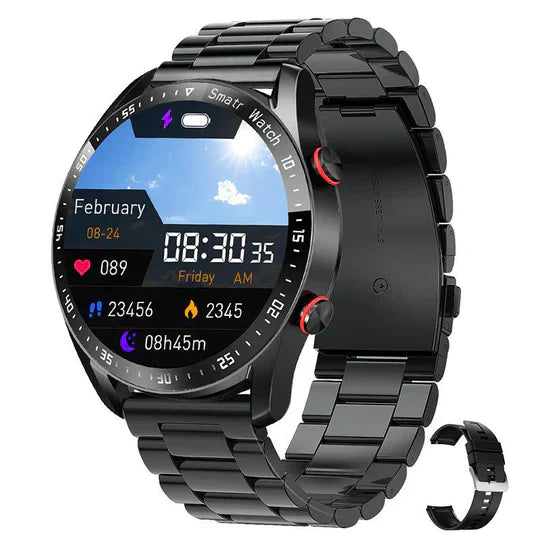 Schwarze Smartwatch mit Metallarmband, Fitness-Tracker, Herzfrequenzmesser, Wetteranzeige.