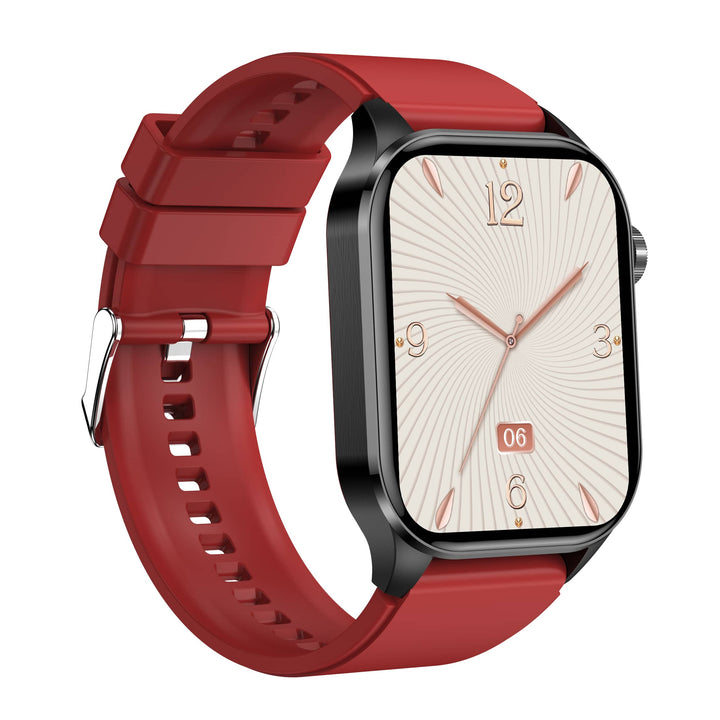 Rote Smartwatch mit schwarzem Gehäuse, quadratischem Zifferblatt, Silikonarmband, modernem Design.