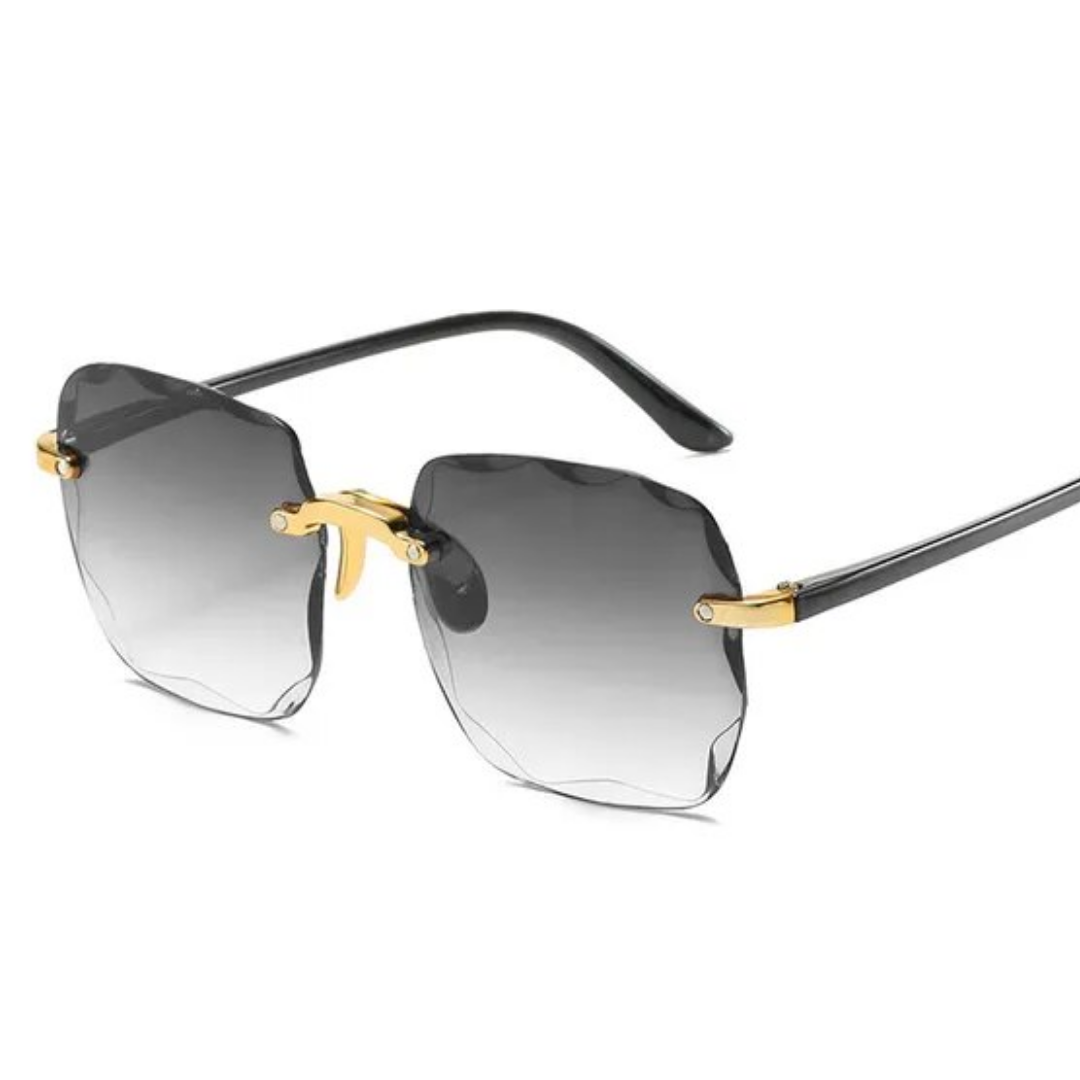 Sonnenbrille Damen, randlos, grau, goldene Bügel, UV-Schutz, modisch, elegant