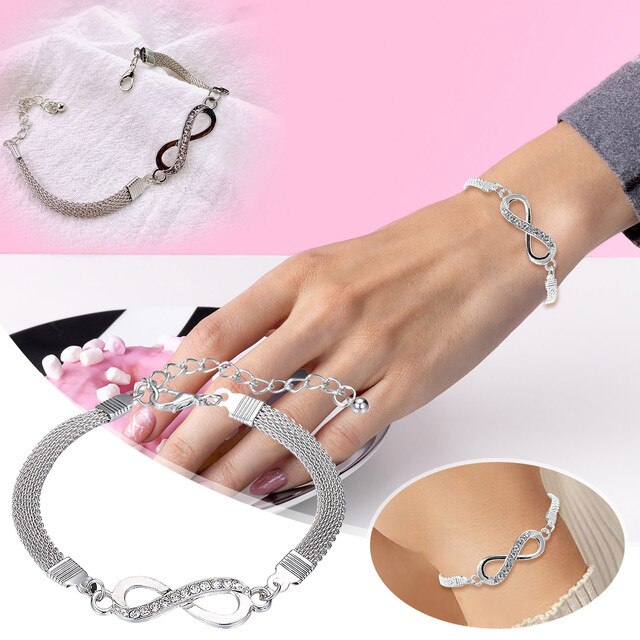 Silbernes Unendlichkeit-Armband, Damen, verstellbar, Strass, modisch, Geschenkidee.