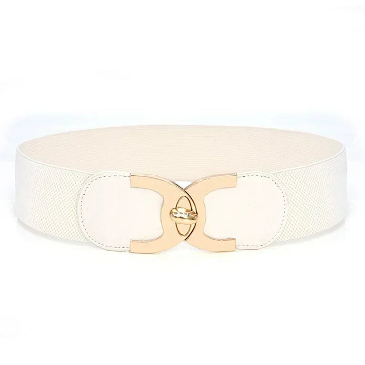 Weißer elastischer Gürtel mit goldener Schnalle, Damenmode Accessoire, elegant und stilvoll.