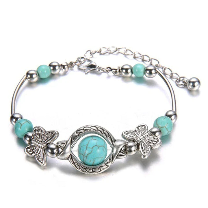 Silberarmband mit türkisfarbenen Perlen und Schmetterlingsanhängern, verstellbar, Damen-Schmuck.