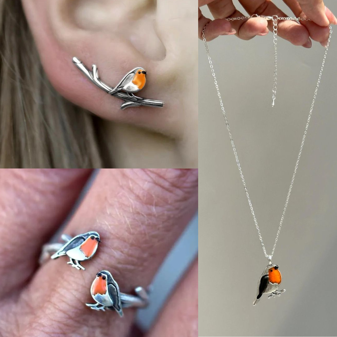 Silberne Schmuckset mit Rotkehlchen-Design: Ohrringe, Halskette, Ring, handgefertigt.