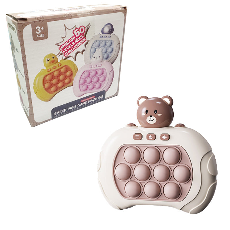 Elektronisches Bärenspielzeug, beige, mit Tasten, für Kinder ab 3 Jahren, in Verpackung.