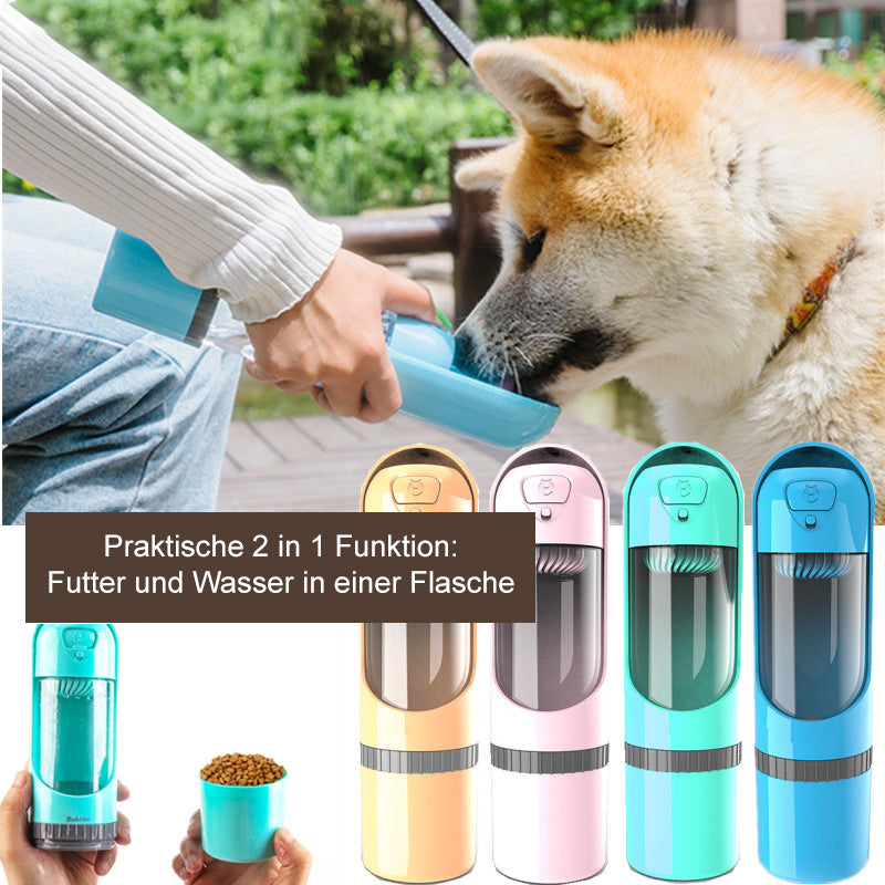 Tragbare Hundetrinkflasche, 2-in-1, Futter und Wasser, blau, für unterwegs.