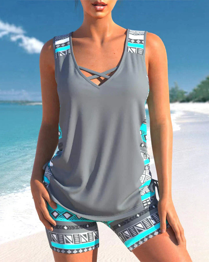 Trendy plavky s V výstřihem a geometrickým vzorem – Tankini set Madonna