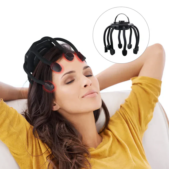 Frau mit schwarzem Kopf-Massagegerät, Entspannung, Stressabbau, Wellness, Selbstpflege.