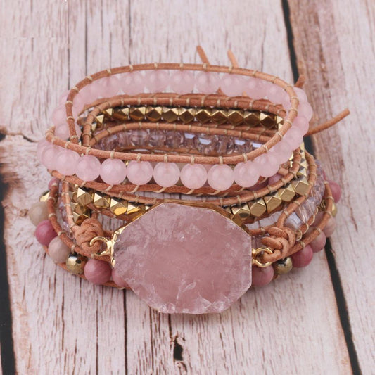 Rosa Quarz Armband Set, Leder, Perlen, Boho-Stil, handgefertigt, Damen Schmuck, modisch.