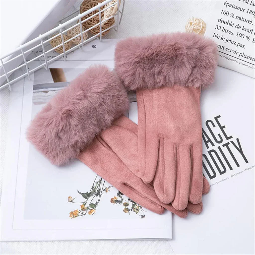 Rosa Damenhandschuhe mit Kunstfell, Wintermode, warm, elegant, Accessoire, Geschenkidee.