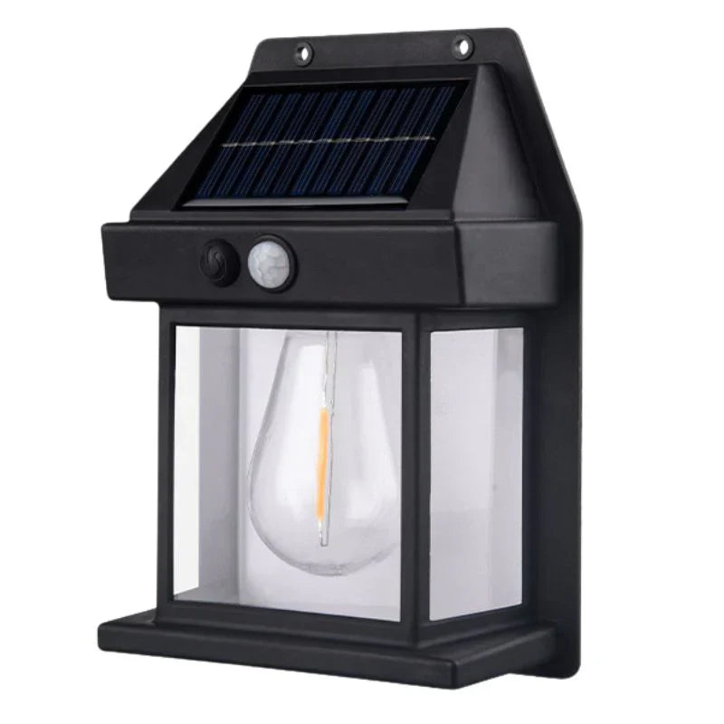 Schwarze Solar-Wandleuchte mit Bewegungsmelder, LED-Lampe, energiesparend, wetterfest.