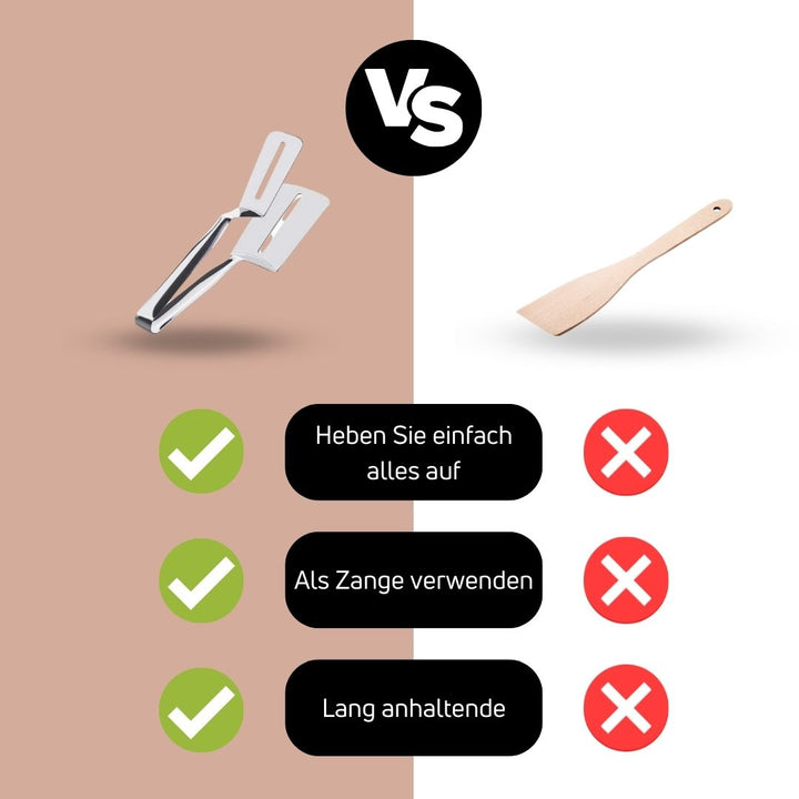 Metall-Küchenzange vs. Holzspatel, multifunktional, langlebig, Vergleich, Küchenutensilien.