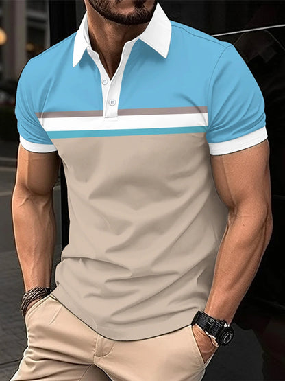Männer Poloshirt, blau-beige, Kurzarm, Baumwolle, Freizeitmode, Sommerkleidung, Herrenbekleidung