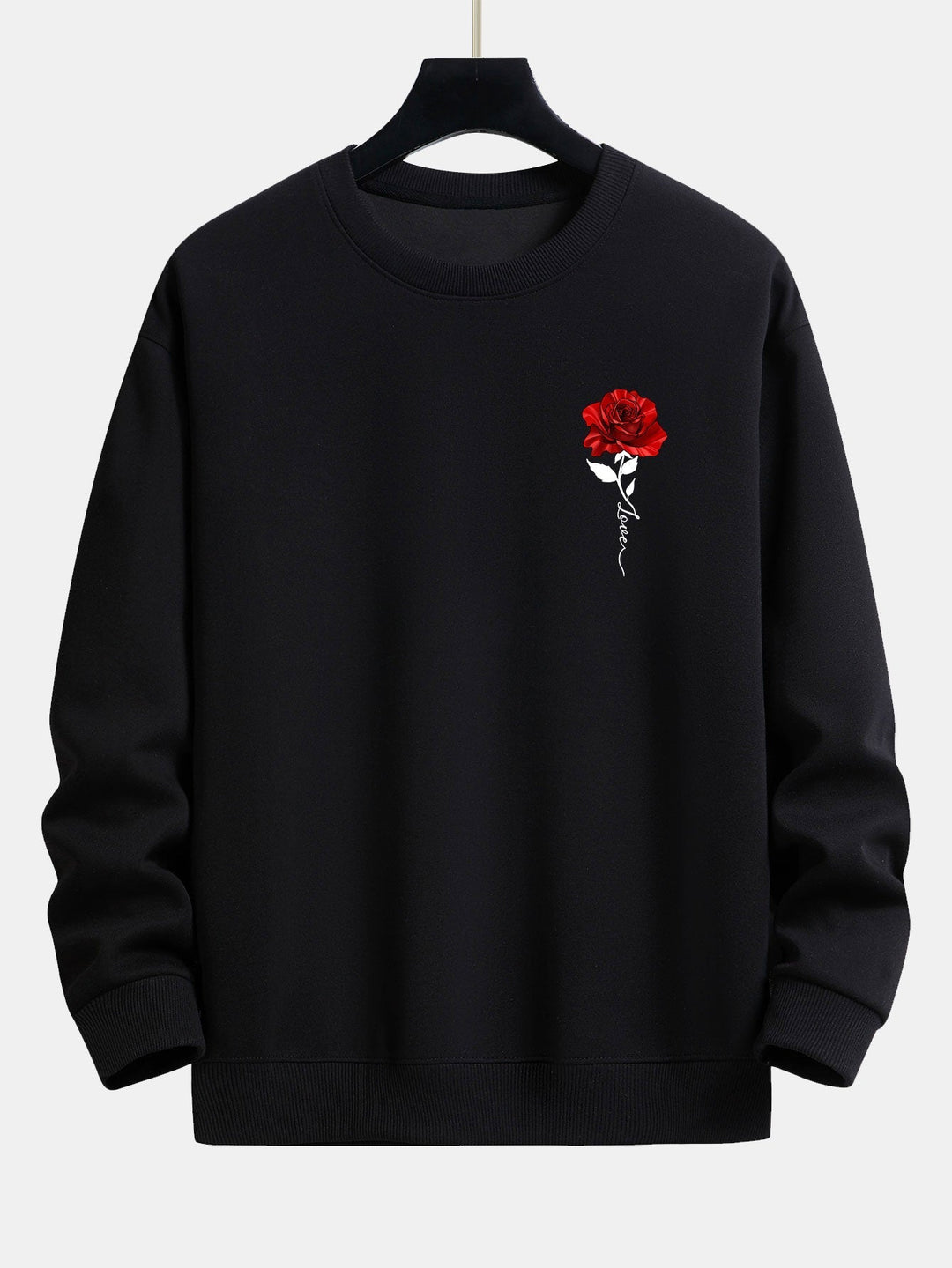 Schwarzer Pullover mit roter Rosenstickerei, Unisex, Baumwolle, modisch, lässig.