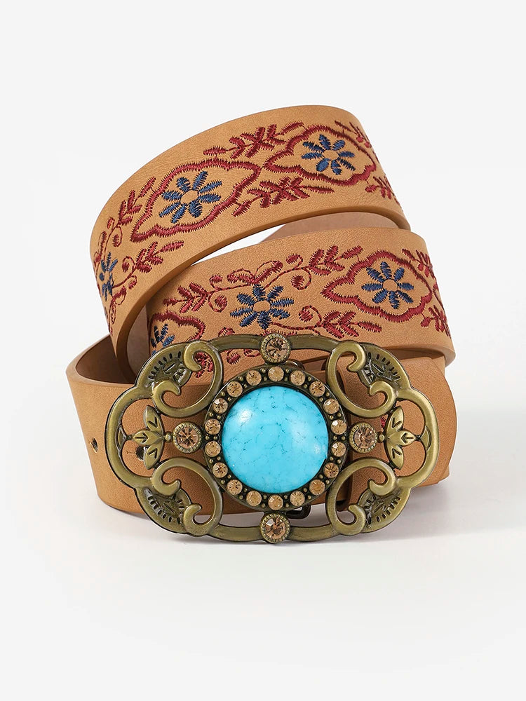 Bestickter Ledergürtel mit türkisfarbener Schnalle, Blumenmuster, Damenmode Accessoire.
