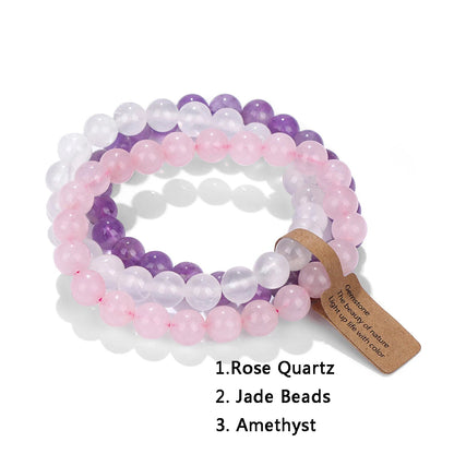 Rosenquarz, Jade und Amethyst Armband-Set, Edelstein-Perlen, Schmuck, Wellness, Geschenkidee.