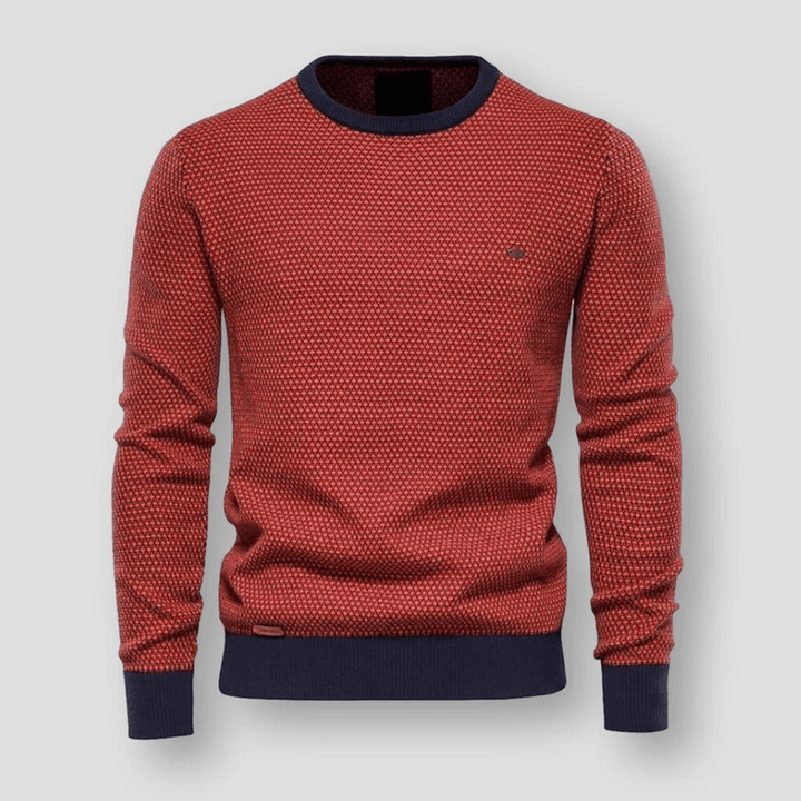 Roter Strickpullover Herren, Rundhalsausschnitt, Baumwolle, modisch, bequem, Herbstmode.