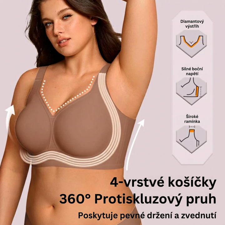 Hnědá podprsenka na modelce se zvednutou paží, šipkami nadzvednutí a ikonami detailů střihu 9