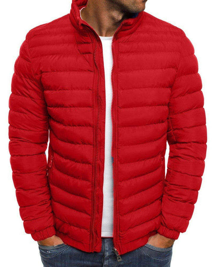 Rote Herren-Daunenjacke, Stehkragen, Reißverschluss, Wintermode, warm, stilvoll.