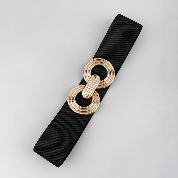 Schwarzer elastischer Gürtel mit goldener Schnalle, modisches Accessoire für Damenmode.