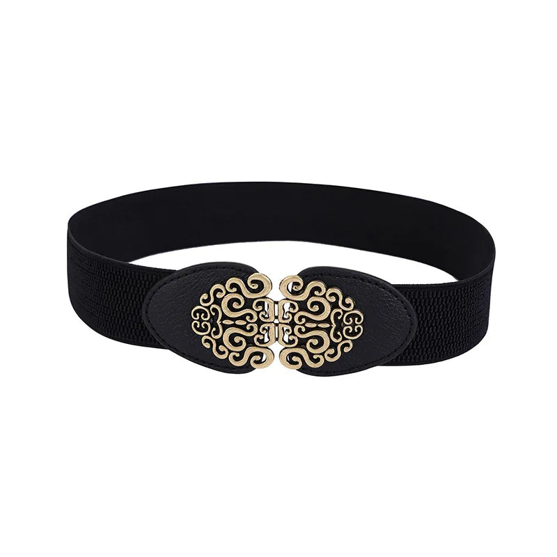 Schwarzer elastischer Gürtel mit goldener Schnalle, Damenmode Accessoire, elegant und stilvoll.