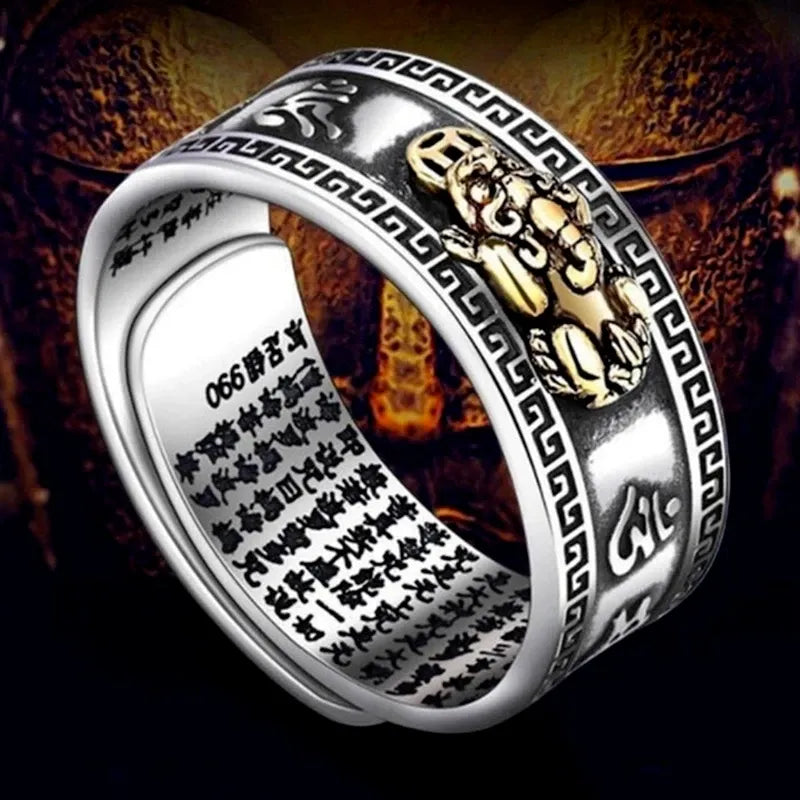 Silberner Edelstahlring mit goldener Buddha-Gravur, asiatisches Design, Herren-Schmuck.