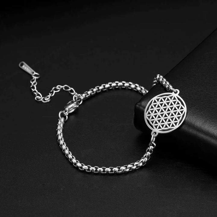 Silberarmband mit Lebensblume-Anhänger, geometrisches Design, verstellbar, Schmuck für Damen.