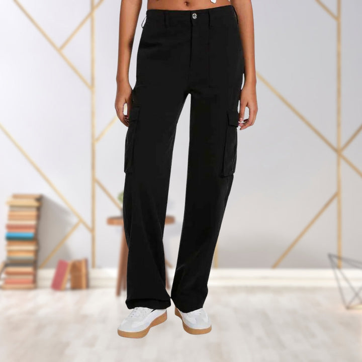 Schwarze Damen-Cargohose, weites Bein, Baumwolle, modisch, bequem, Freizeitkleidung.