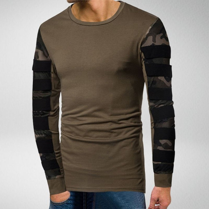Herren Langarmshirt, olivgrün, Camouflage-Ärmel, Freizeitmode, Baumwolle, Slim Fit.