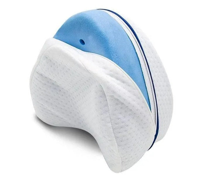 Orthopädisches Kniekissen, Memory-Schaum, weiß-blau, ergonomisch, für Seitenschläfer.