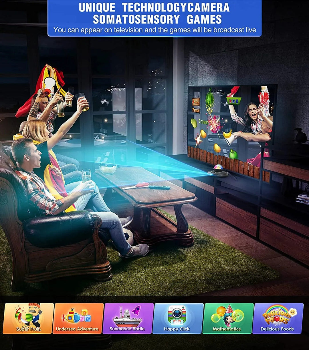 Personen spielen interaktive Videospiele im Wohnzimmer mit Bewegungssteuerung und großem Fernseher.