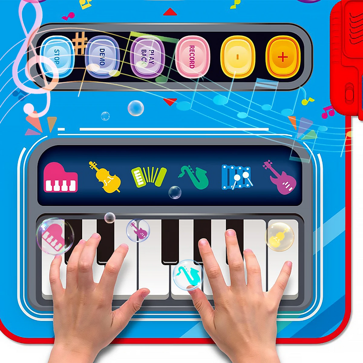 Musikspielzeug für Kleinkinder, blau, mit Klaviertasten und bunten Instrumentensymbolen.