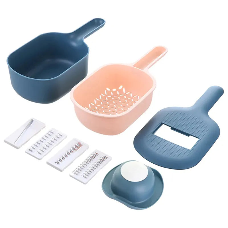 Multifunktionale Mandoline Gemüseschneider Set, blau-rosa, mit Sieb und Klingen, Küche Zubehör.
