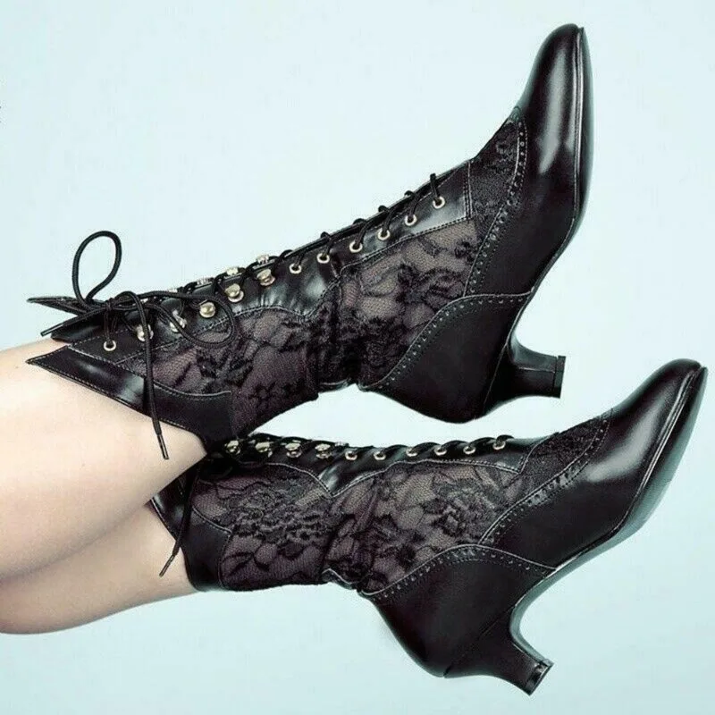 Schwarze Vintage-Damenstiefeletten, spitze Zehen, Schnürung, PU-Leder, viktorianischer Stil.