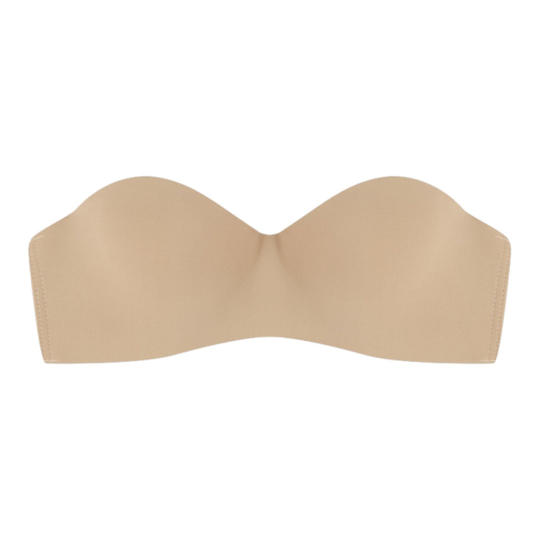 Beiger trägerloser nahtloser Damen-BH, bequem, weich, ohne Bügel, ideal für Sport.