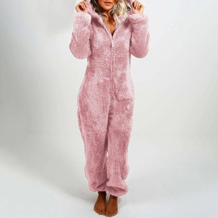 Flauschiger rosa Damen-Plüsch-Pyjama mit Kapuze, langärmelig, Reißverschluss, Wintermode.