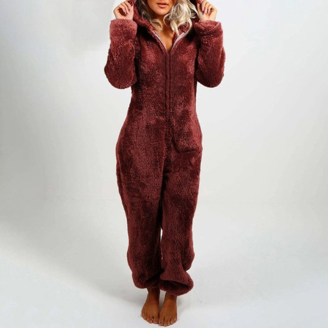 Flauschiger Damen-Winter-Overall, burgundy, Kapuze, Reißverschluss, langärmelig, Plus-Size.